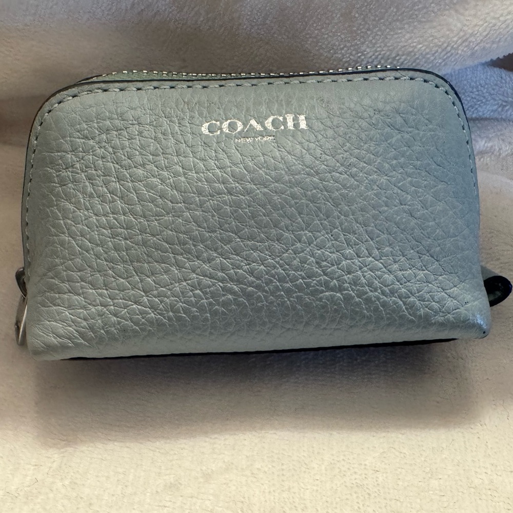 COACH Leather Mini Cosmetic Case - Pale Blue with Silver Hardware